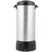A stainless steel Proctor Silex coffee urn with a black lid.