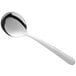 A Delco Windsor III stainless steel bouillon spoon with a silver handle.