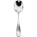 A close-up of a Oneida Voss II stainless steel bouillon spoon.