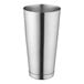 A silver stainless steel Acopa full size cocktail shaker tin.