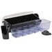 A black plastic San Jamar condiment container with six clear compartments and lids.