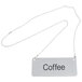 A "Coffee" label sign hanging from a chain.