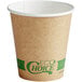 A brown EcoChoice paper hot cup with a green label and text.
