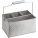 A Tablecraft stainless steel flatware and condiment caddy with three compartments and a handle.