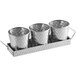A Tablecraft stainless steel lattice snack set with three silver cups in metal trays.