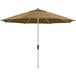 A close-up of a brown Lancaster Table & Seating umbrella with a metal pole.