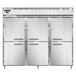 A white cabinet with three Continental Refrigerator half door reach-in refrigerators with silver handles.