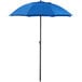 A blue umbrella with a black pole.