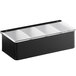 An American Metalcraft matte black condiment bar with four compartments.