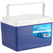 A blue and white Choice cooler with a lid.