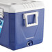 A blue and white Choice cooler with a lid.