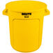A yellow Rubbermaid Brute 10 gallon round trash can with black text.
