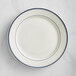 Acopa 12" Ivory (American White) Stoneware Wide Rim Plate with Blue Bands - 12/Case