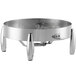 An Acopa Manchester round stainless steel chafer stand with legs holding a fuel holder.