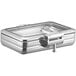An Acopa Manchester stainless steel rectangular chafer with a glass lid on a tray.