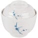 A white melamine bowl with a blue bamboo design and lid.