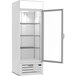 A white Beverage-Air MarketMax glass door freezer with a door open.