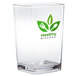 A clear Cambro plastic square shot glass with a logo on it.