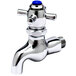 A silver T&S mop sink faucet with blue index button.
