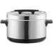 A stainless steel Emperor's Select rice container with a black lid.