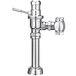 A chrome Sloan water closet flushometer with a handle.