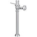 A close-up of a chrome Sloan water closet flushometer with a handle.