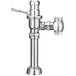 A chrome Sloan water closet flushometer with a lever.