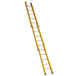 A yellow Bauer Corporation fiberglass ladder section with silver metal rods.