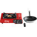 A red Choice portable gas stove with a brass burner, frying pan, and pot.