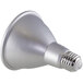 A Satco long neck LED reflector light bulb with a silver base and white body on a white background.