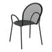 A black metal Lancaster Table & Seating Harbor outdoor arm chair with a curved back.