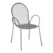 A Lancaster Table & Seating Harbor Gray outdoor arm chair with a wire mesh back and arms.