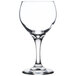A close-up of a clear Libbey Teardrop wine glass.