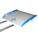 A blue and silver rectangular metal Bluff Manufacturing dock board with two handles.