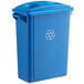 A blue Lavex slim rectangular recycle bin with a white recycle symbol on it.