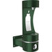 An Elkay green metal wall mounted water bottle filling station with a white label.