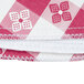 A close-up of a red and white gingham vinyl table cover with a flannel back.