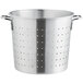 A silver aluminum vegetable colander with handles and holes on the side.