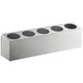 A white rectangular stainless steel flatware organizer with five compartments.