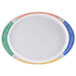 A white oval platter with colorful diamond stripes.