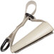 A white weighted block utensil holder with a beige leather strap and black ring.