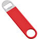 A red and silver Choice bottle opener with a handle and hole in the middle.