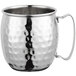An Acopa silver stainless steel Moscow Mule mug with a hammered finish and a handle.