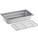 A Choice stainless steel steam table pan with a metal rack on a counter.
