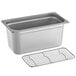 A Choice stainless steel steam table pan with a footed metal rack inside.