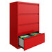 A lava red Hirsh Industries lateral file cabinet with four drawers, one open.
