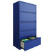 A blue Hirsh Industries lateral file cabinet with drawers and a drawer open.