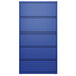 A blue Hirsh Industries lateral file cabinet with four drawers.