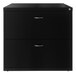 A black Hirsh Industries lateral file cabinet with two drawers and silver handles.