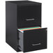 A black Hirsh Industries two-drawer vertical file cabinet with a drawer open.